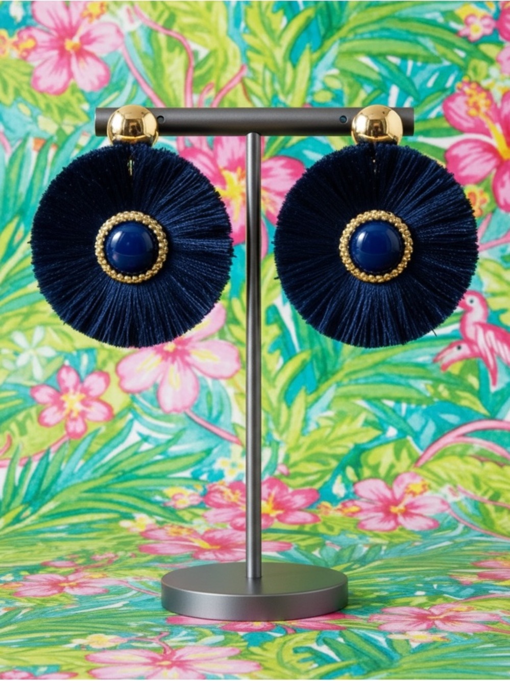 Lilly Pulitzer NAVY and GOLD FAN TASTIC EARRINGS Fashion Statement Round Fringe